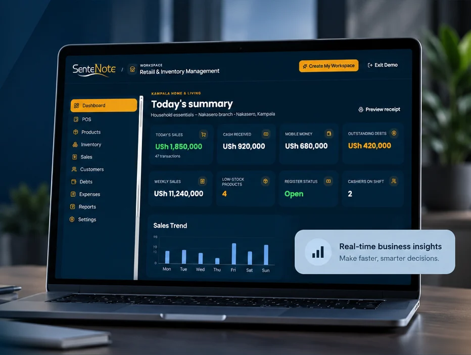SenteNote business management software dashboard on a laptop, built in Uganda by B&E Designs